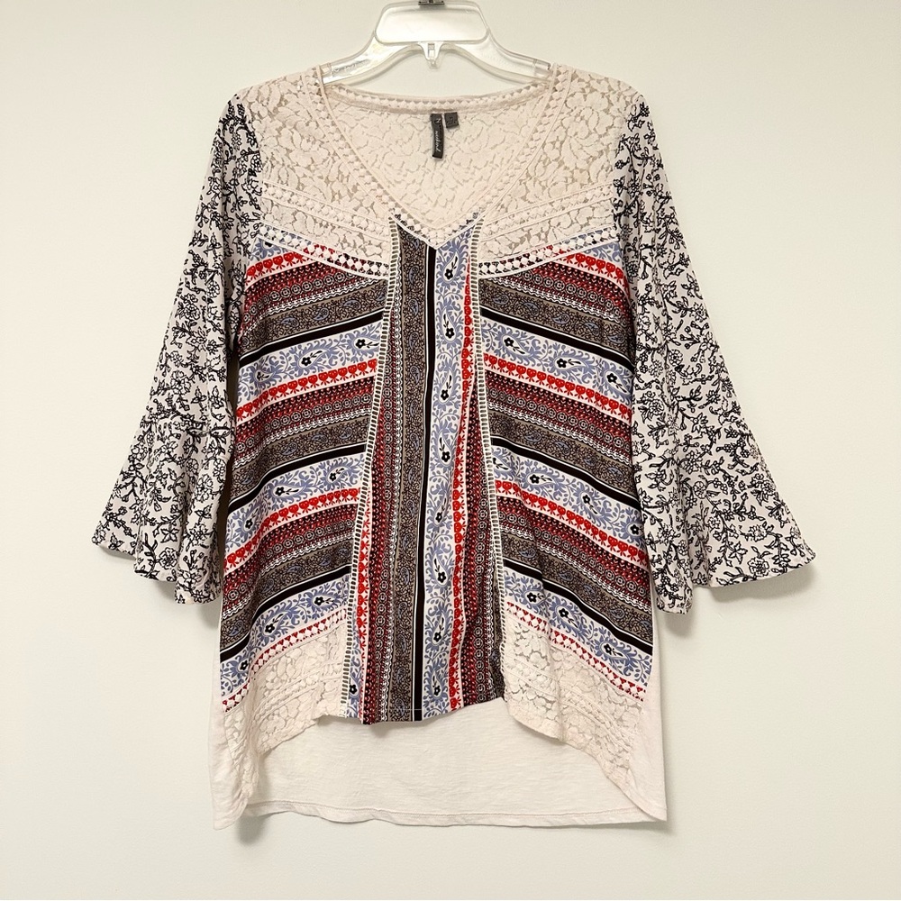 New Directions Multi Print 3/4 Bell Sleeve Blouse with Crochet Lace Accents Med